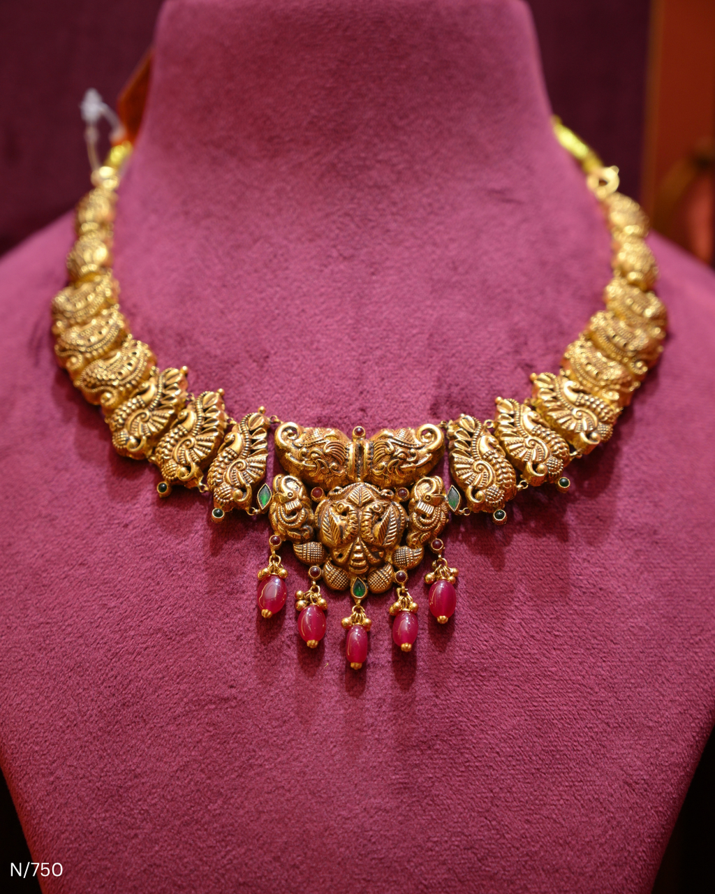 Antique Gold Temple Peacock & Ruby Lightweight Necklace | SKU: N/750