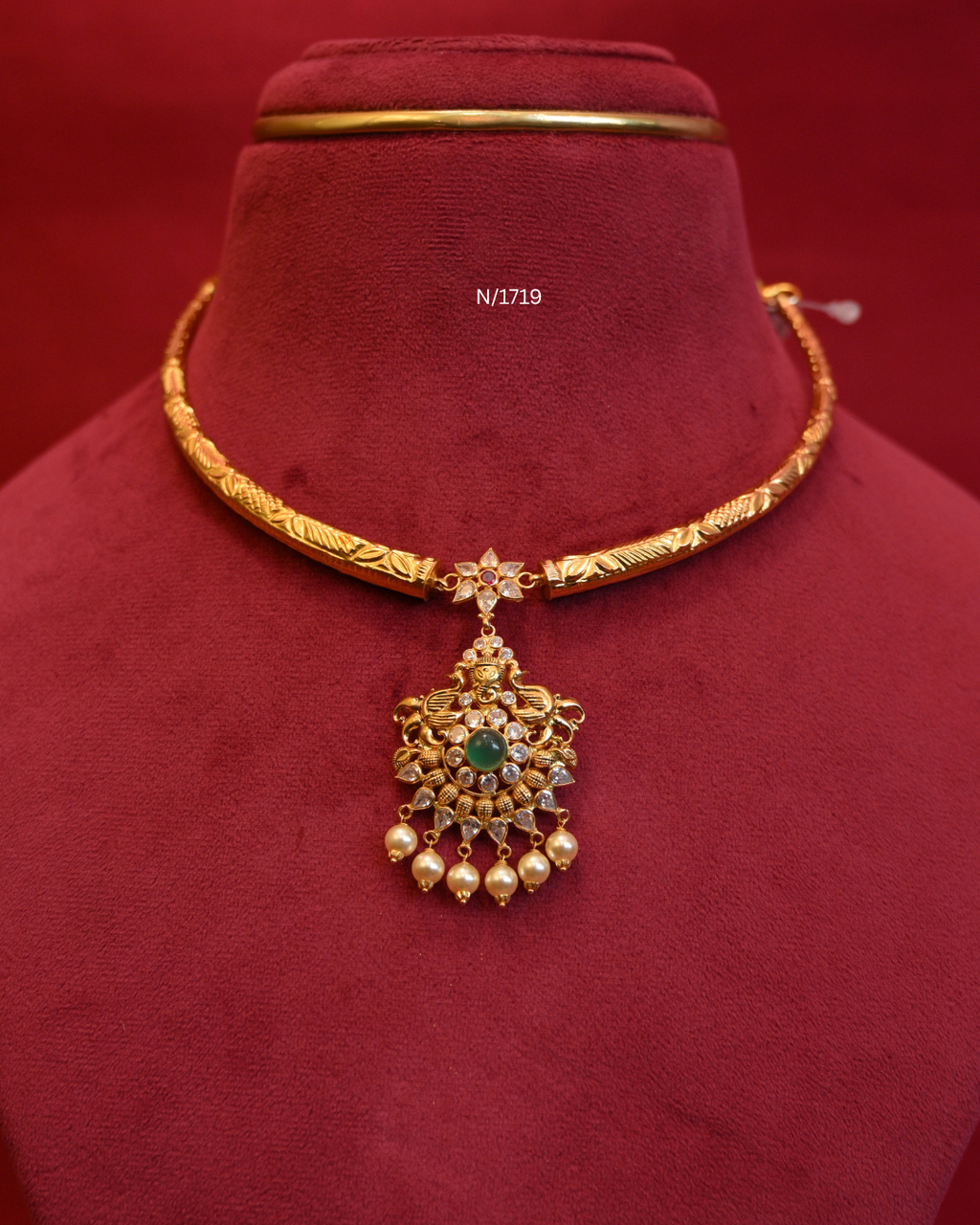 Goddess Lakshmi & Peacock Nakshi Pendant Tubular Hasli Necklace with Emerald Cabochon, CZ & Pearl Drops | SKU: N/1719