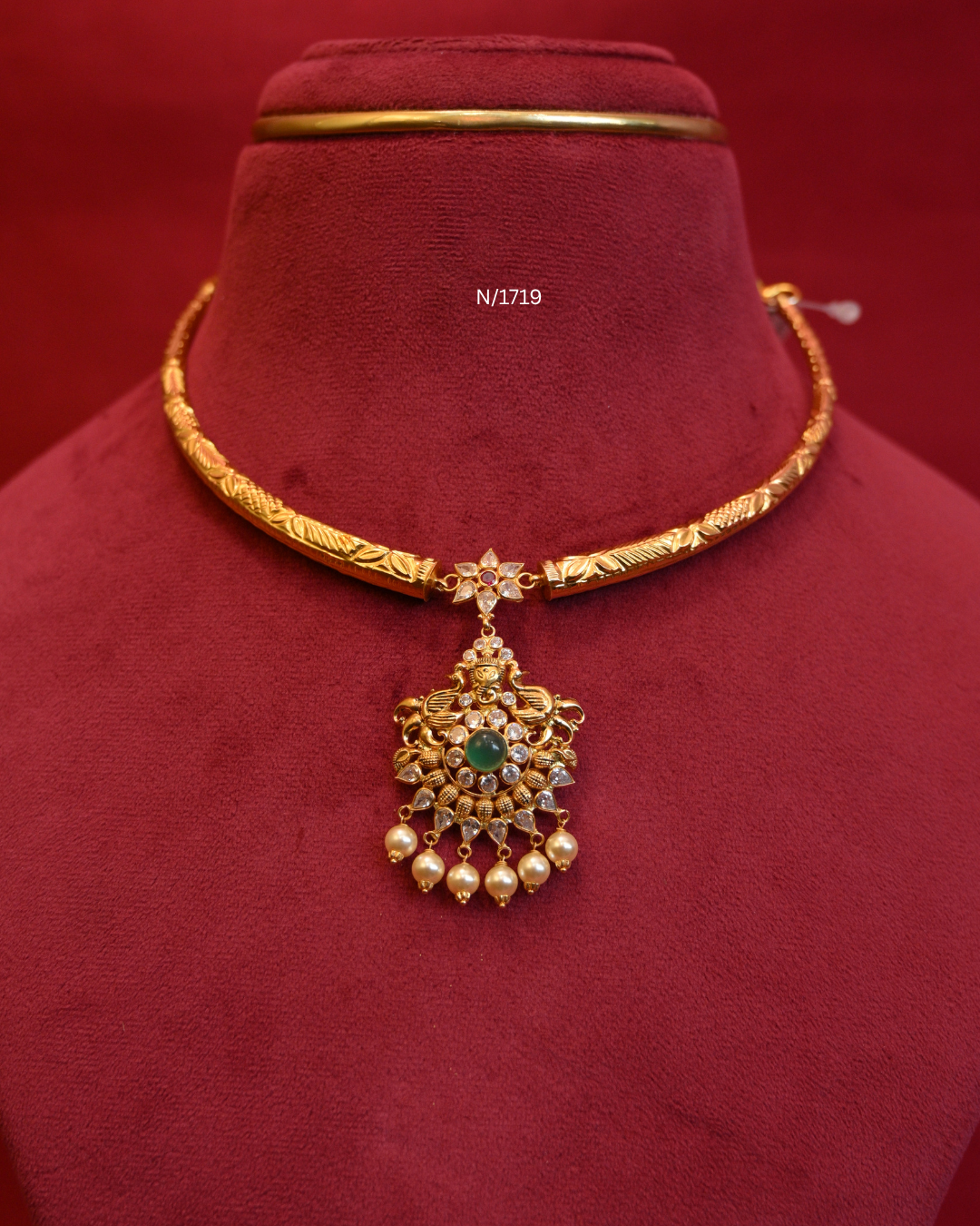 Goddess Lakshmi & Peacock Nakshi Pendant Tubular Hasli Necklace with Emerald Cabochon, CZ & Pearl Drops | SKU: N/1719