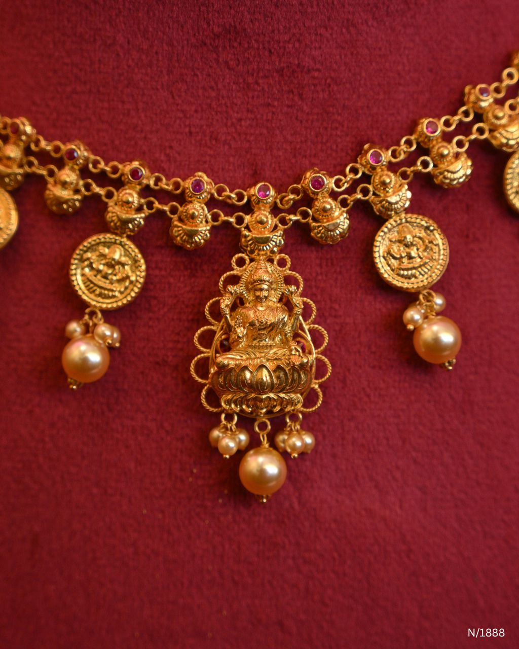 Traditional Lakshmi Kasumala Temple Necklace with Central Filigree Medallion & Pearl Drops | SKU: N/1888