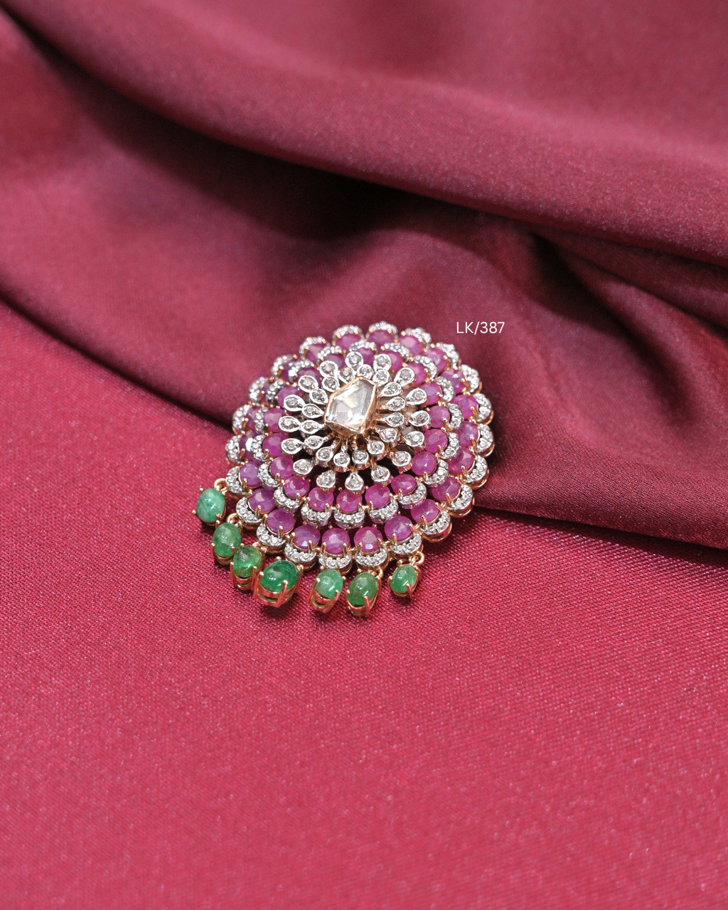 Concentric Ruby & CZ Sunburst Mandala Pendant with Emerald Drops | SKU: LK/387