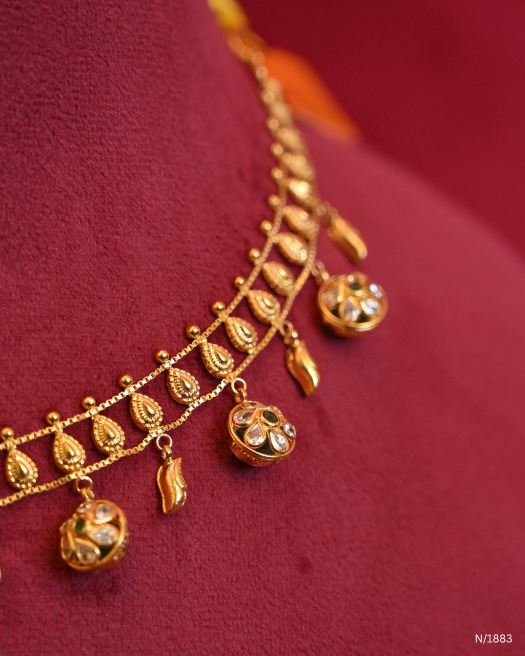 Traditional Mango Motif Choker Necklace with Polki Spherical Ball Drops | SKU: N/1883