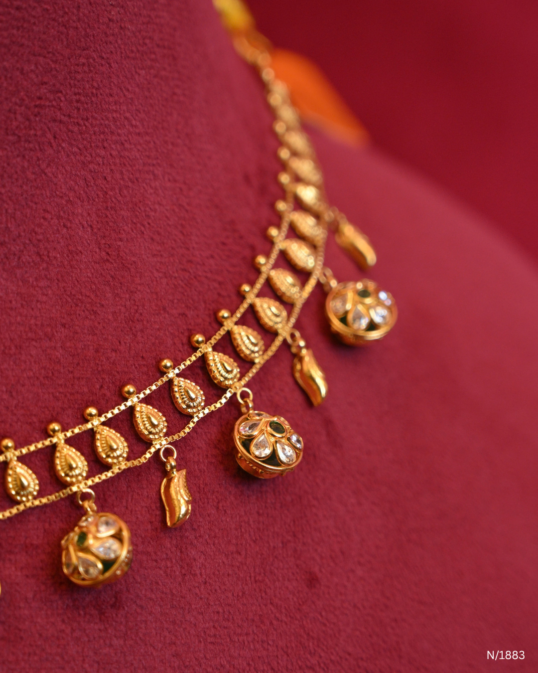 Traditional Mango Motif Choker Necklace with Polki Spherical Ball Drops | SKU: N/1883