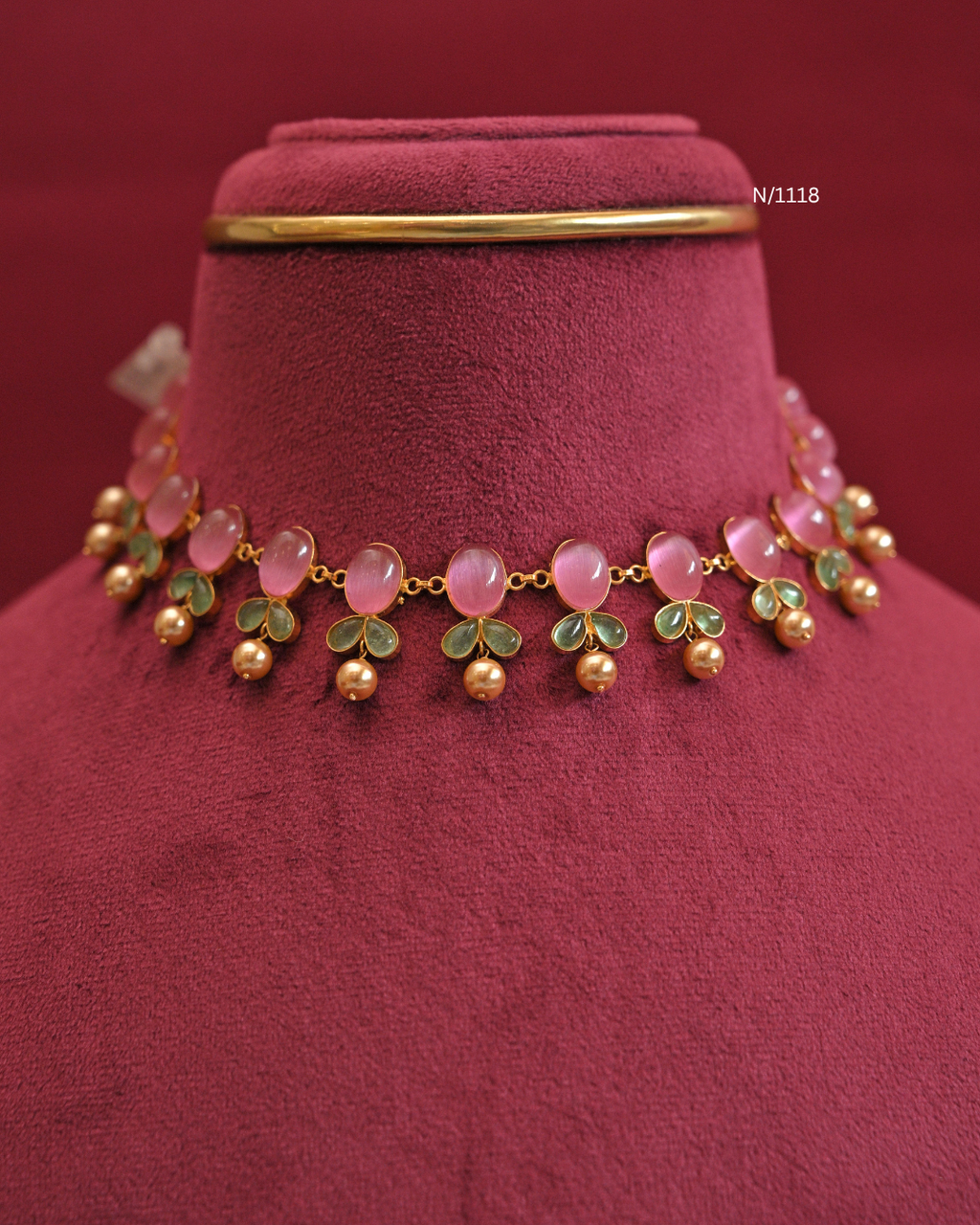 Pink Cabochon & Green Leaf Necklace with Gold Ball Drops |SKU: N/1118