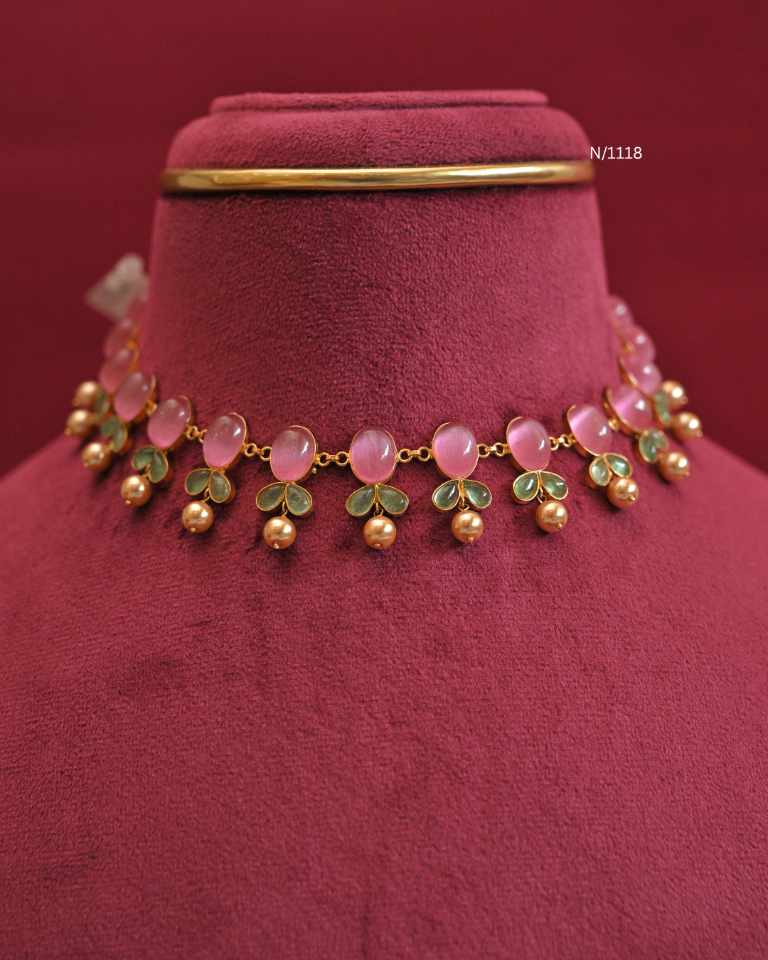 Pink Cabochon & Green Leaf Necklace with Gold Ball Drops |SKU: N/1118
