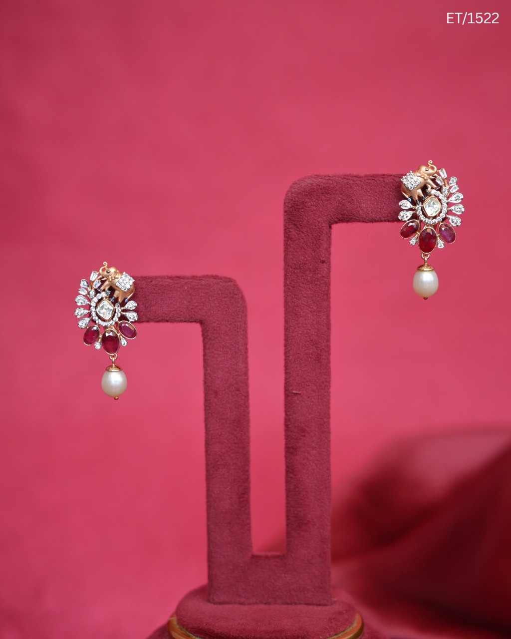 Polki Ruby Elephant Motif & Pearl Drop Earrings | SKU: ET/1522