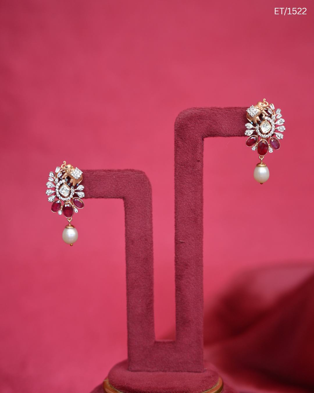 Polki Ruby Elephant Motif & Pearl Drop Earrings | SKU: ET/1522