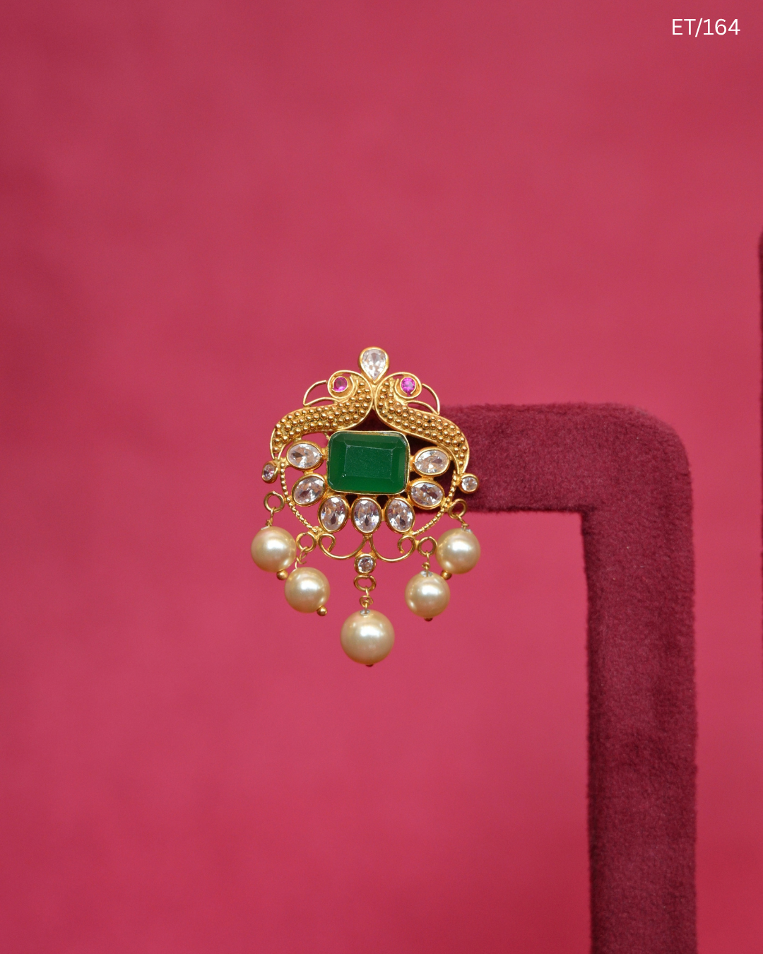 Polki Emerald & Pearl Peacock Motif Earrings | SKU: ET/164