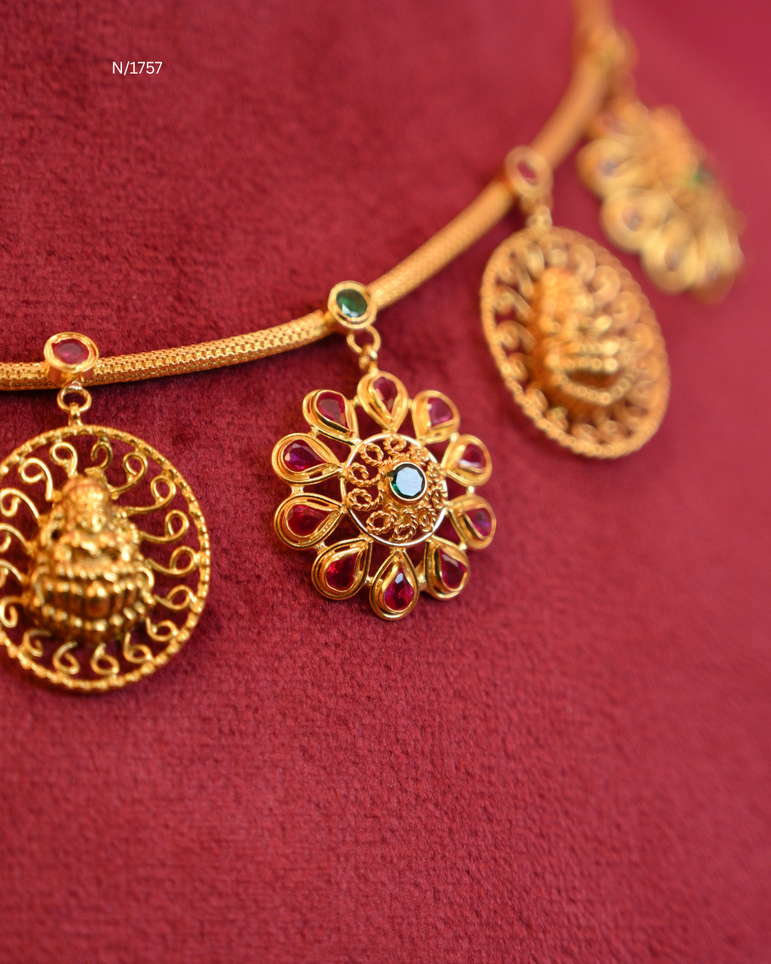 Goddess Lakshmi Coin & Floral Ruby Medallion Station Hasli Choker Necklace | SKU: N/1757