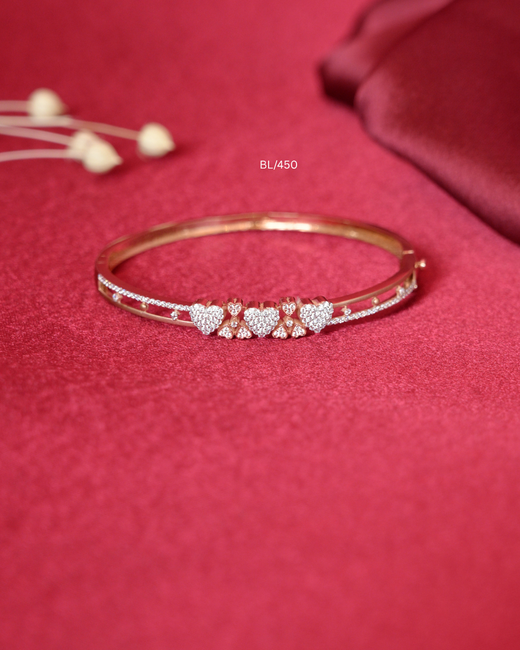 Pave CZ Triple Heart Station Split-Rail Bangle | SKU: BL/450