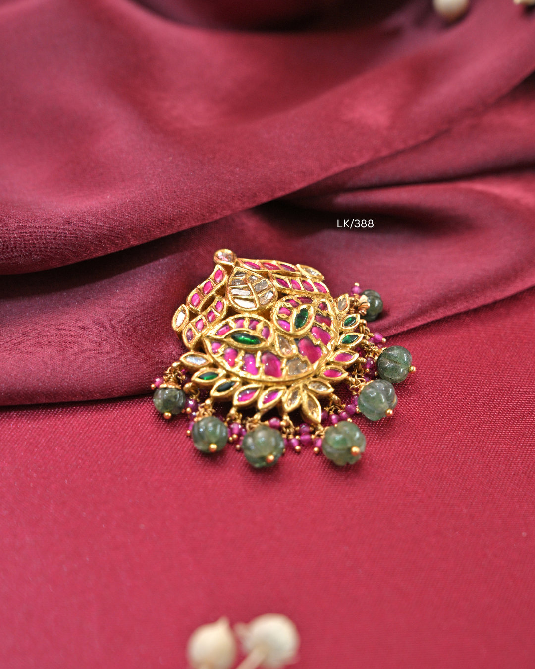 Antique Floral Kundan Medallion Pendant with Carved Emerald Drops |SKU: LK/388