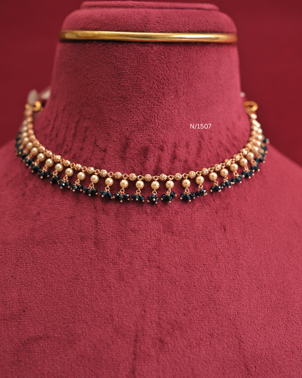Pearl & Navy Blue Bead Cluster Fringe Necklace | SKU: N/1507