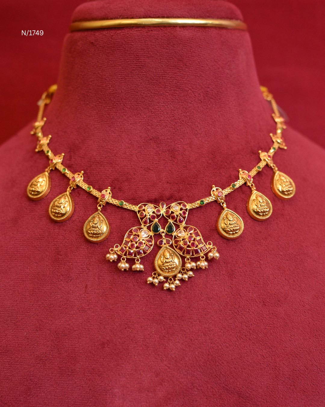 Twin Mango & Goddess Lakshmi Medallion Temple Station Choker Necklace with Rubies, Emeralds & Seed Pearl Drops | SKU: N/1749
