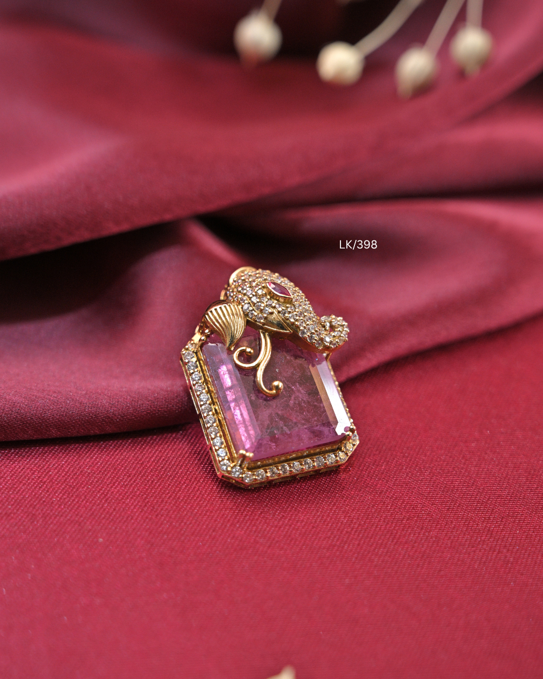 Rectangular Cambodia Ruby Tablet & CZ Lord Ganesha Overlay Pendant |SKU: LK/398