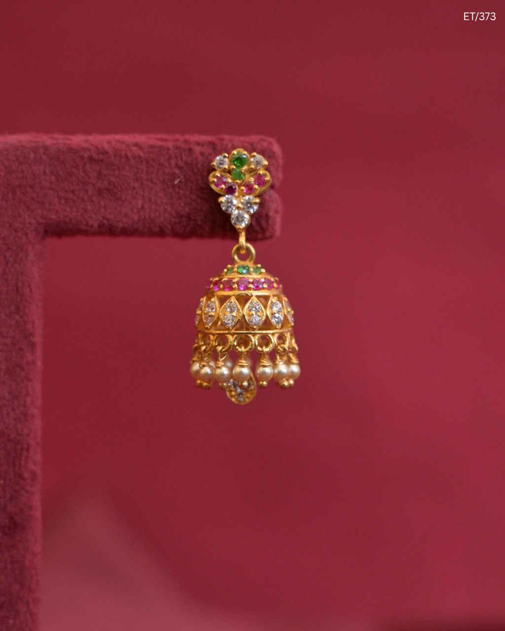 Jhumka Earrings with Rubies, Emeralds, CZ Polkis & Pearl Fringes | SKU: ET/373