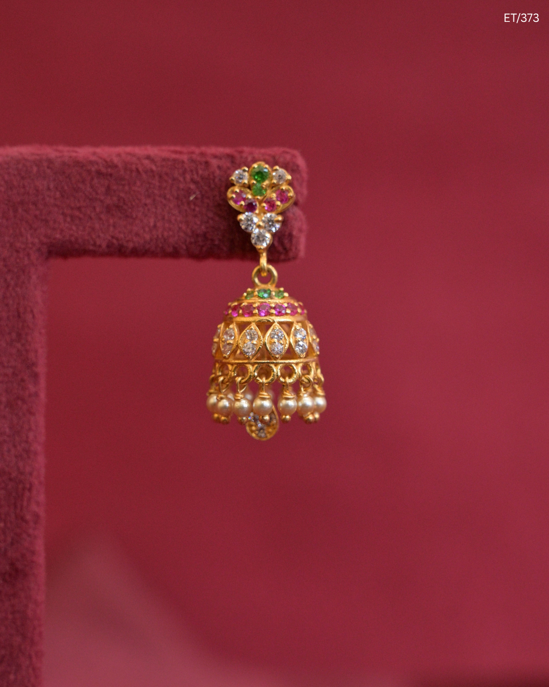 Jhumka Earrings with Rubies, Emeralds, CZ Polkis & Pearl Fringes | SKU: ET/373