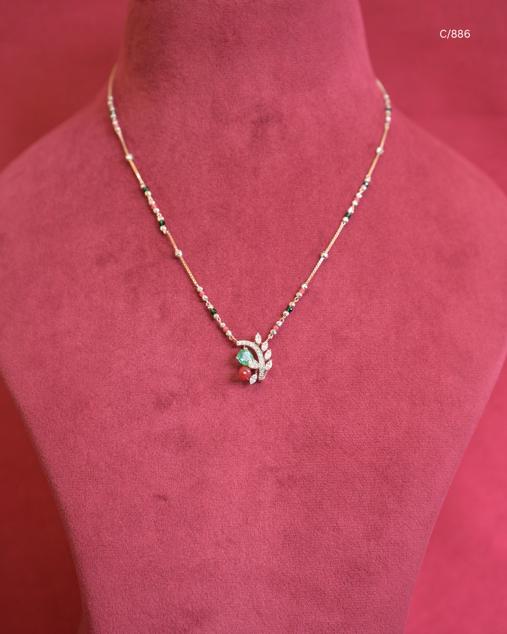 Beaded Station Necklace with Emerald Accent, Red Drop & CZ Leaf Branch Pendant | SKU: C/886