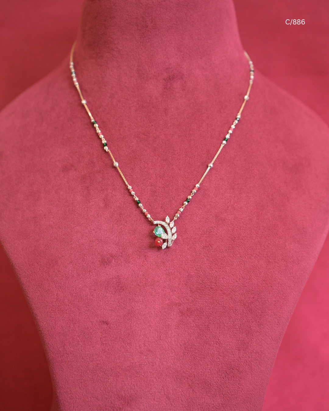 Beaded Station Necklace with Emerald Accent, Red Drop & CZ Leaf Branch Pendant | SKU: C/886