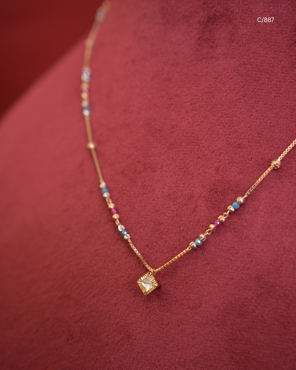 Multi-Color Beaded Station Necklace with Cushion Pave CZ Halo Pendant | SKU: C/887
