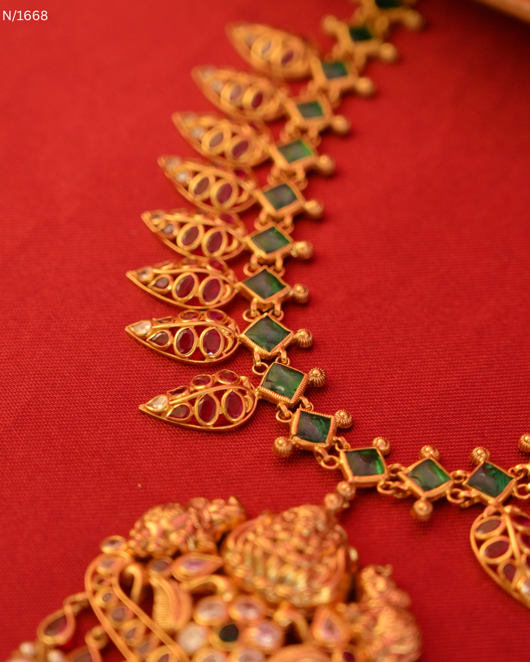 Goddess Lakshmi Nakshi Temple Pendant Necklace with Emerald Links & Ruby Mango Fringe |SKU: N/1668