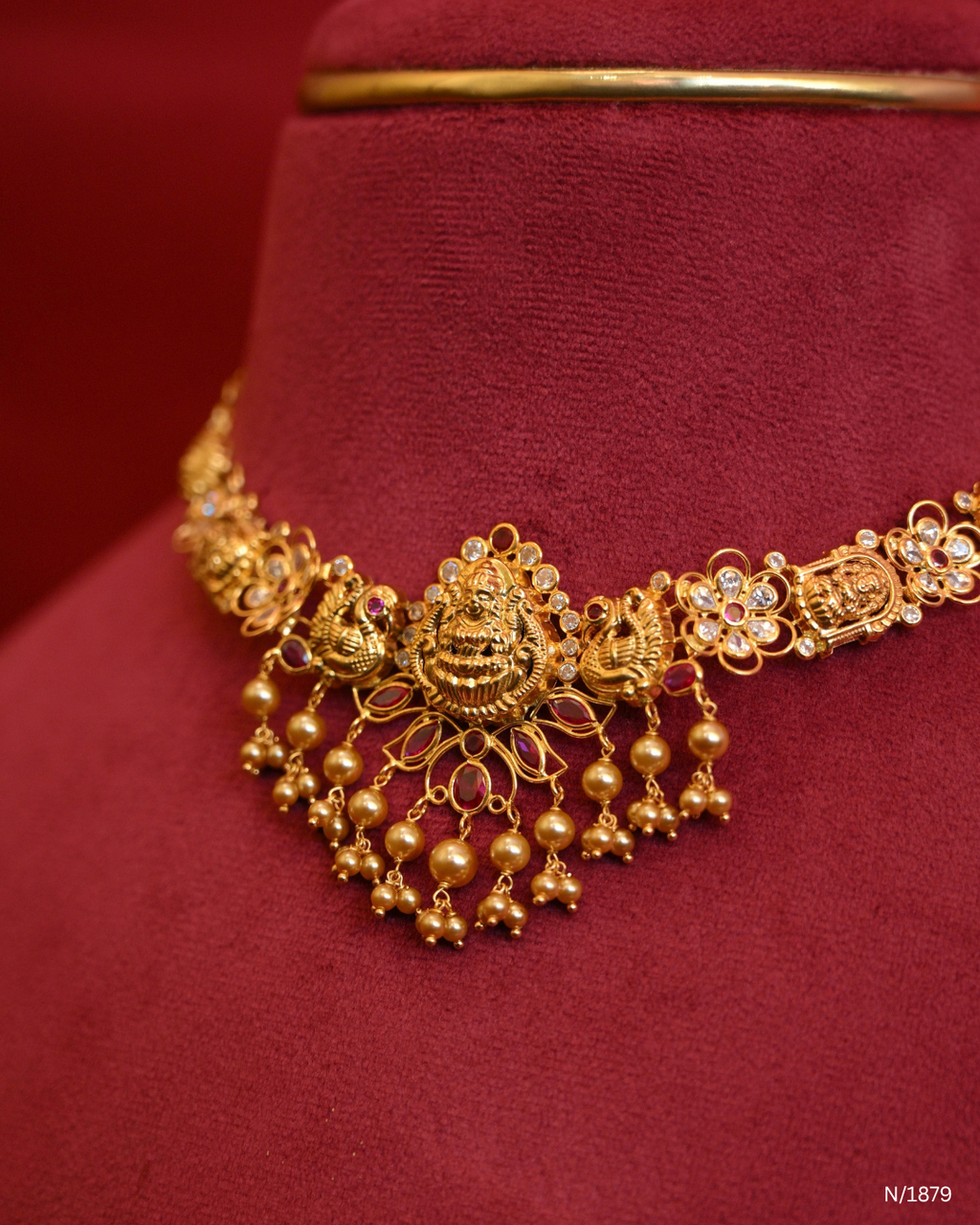 Traditional Goddess Lakshmi & Peacock Temple Choker Necklace with Gold Bead Fringe | SKU: N/1879