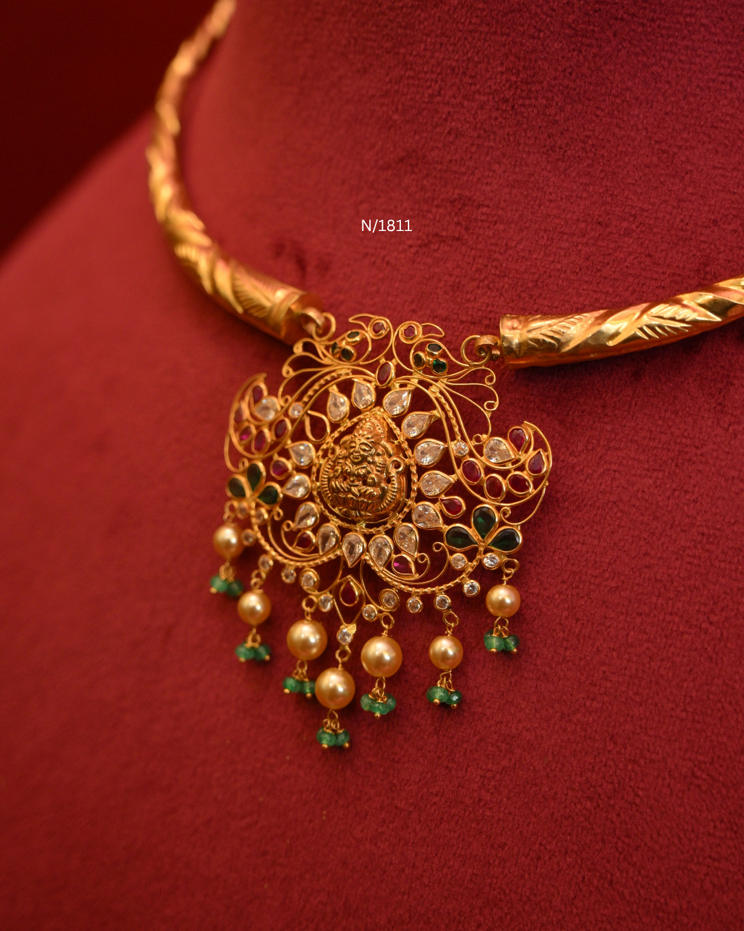 Goddess Lakshmi & Twin Peacock Nakshi Pendant Tubular Hasli Necklace with Rubies, Emeralds, CZ & Pearl Drops | SKU: N/1811