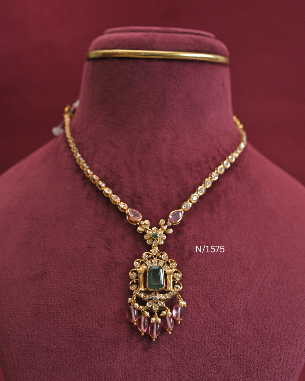 22kt Gold Octagonal Emerald & Cambodia Ruby Pendant Necklace | 11.85g Net | SKU: N/1575