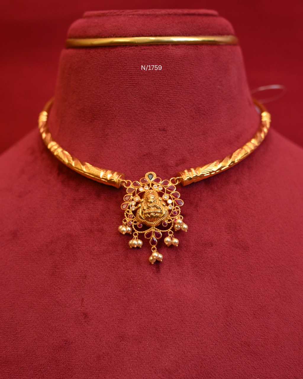 Goddess Lakshmi & Twin Elephant Nakshi Tiered Pendant Tubular Hasli Necklace with Emeralds, CZ & Pearl Drops | SKU: N/1759