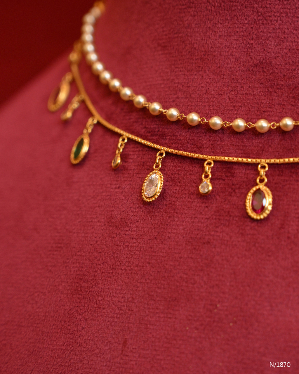 Double-Strand Pearl & Gemstone Drop Dangle Choker Necklace | SKU: N/1870