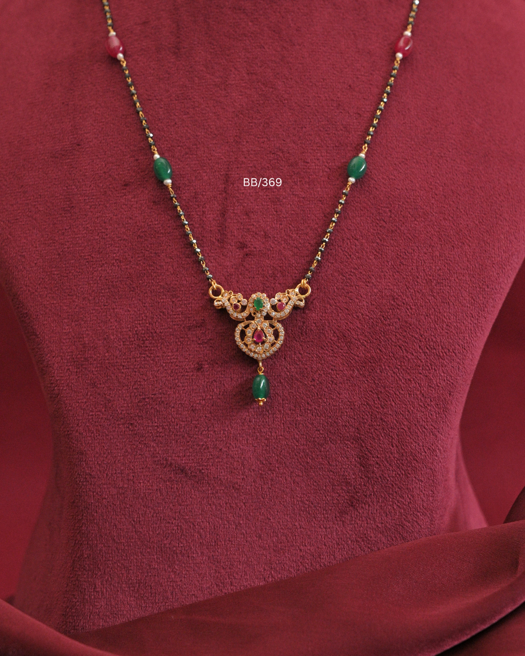 Filigree Pendant Mangalsutra with Ruby & Emerald Station Beads |SKU: BB/369