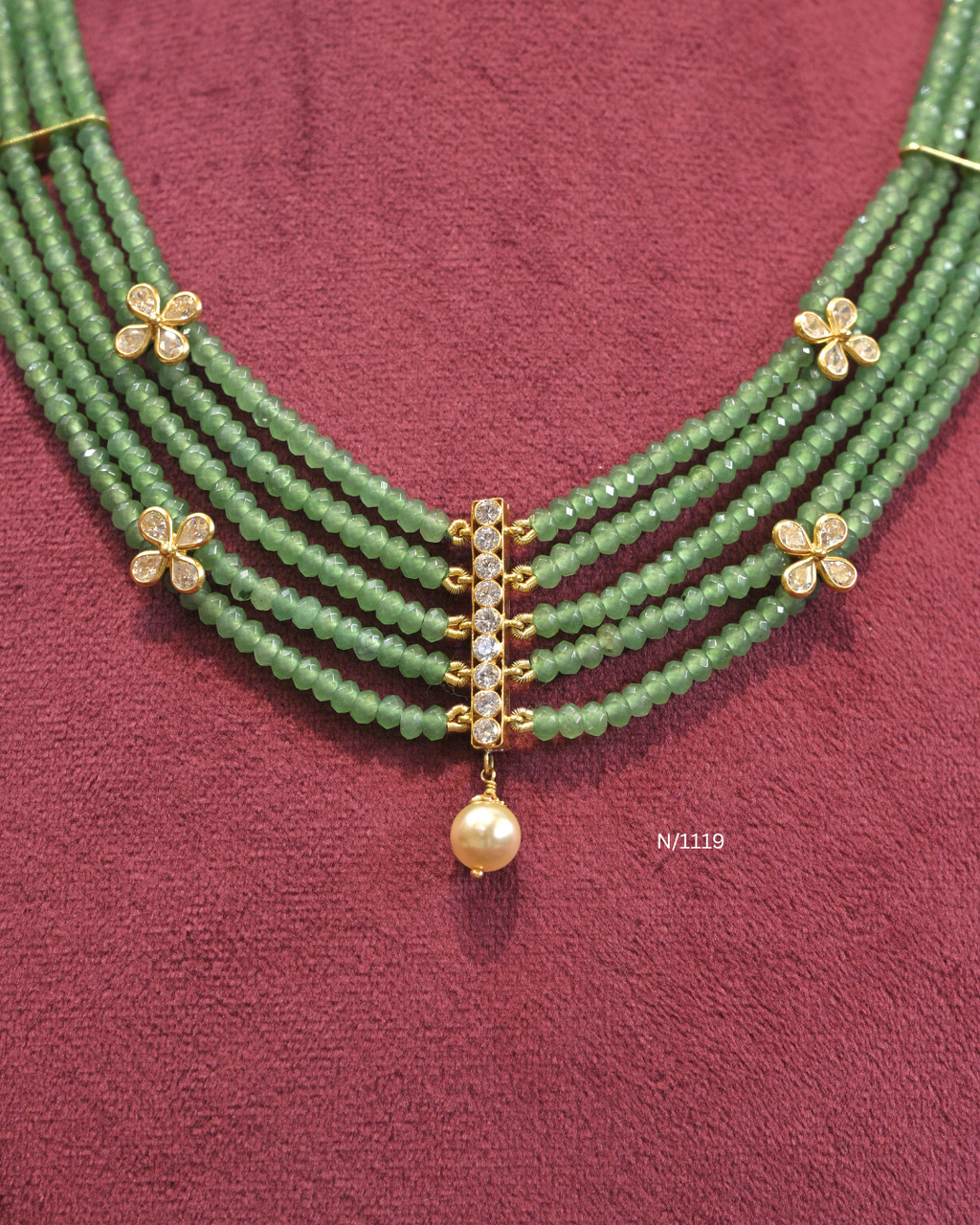 CZ Vertical Bar & Floral Brooch Five-Strand Emerald Bead Step Haram | SKU: N/1119