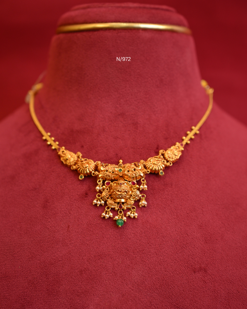 Sacred Kalash & Peacock Nakshi Temple Necklace with Rubies, Emeralds, Seed Pearls & Emerald Drop | SKU: N/972