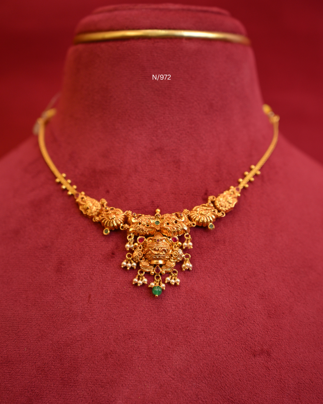 Sacred Kalash & Peacock Nakshi Temple Necklace with Rubies, Emeralds, Seed Pearls & Emerald Drop | SKU: N/972