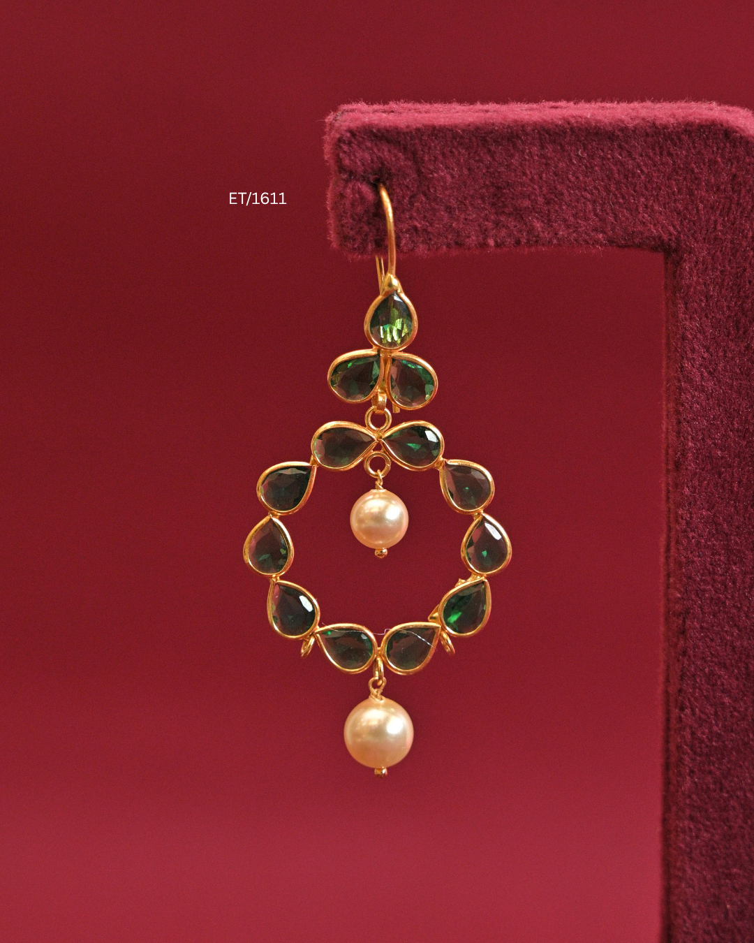 Circular Emerald Bezel Frame Drop Earrings with Cultured Pearls |SKU: ET/1611