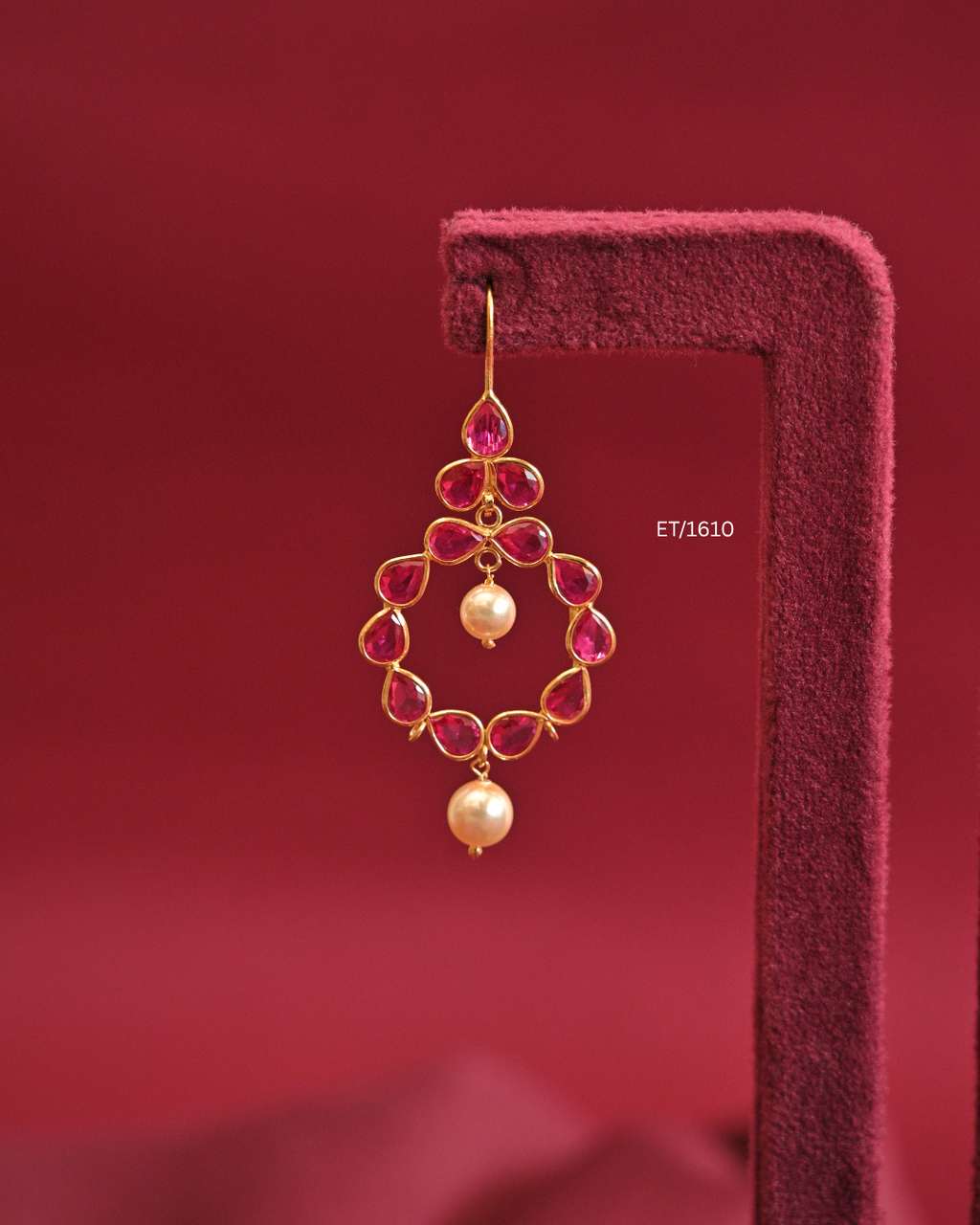Circular Ruby Bezel Frame Drop Earrings with Cultured Pearls |SKU: ET/1610