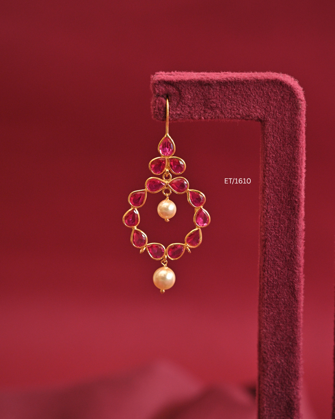 Circular Ruby Bezel Frame Drop Earrings with Cultured Pearls |SKU: ET/1610