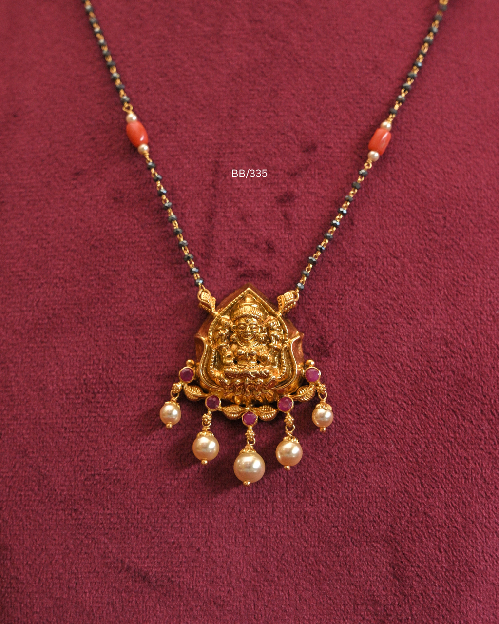 Goddess Lakshmi Temple Pendant Mangalsutra with Coral & Pearl Drops | SKU: BB/335