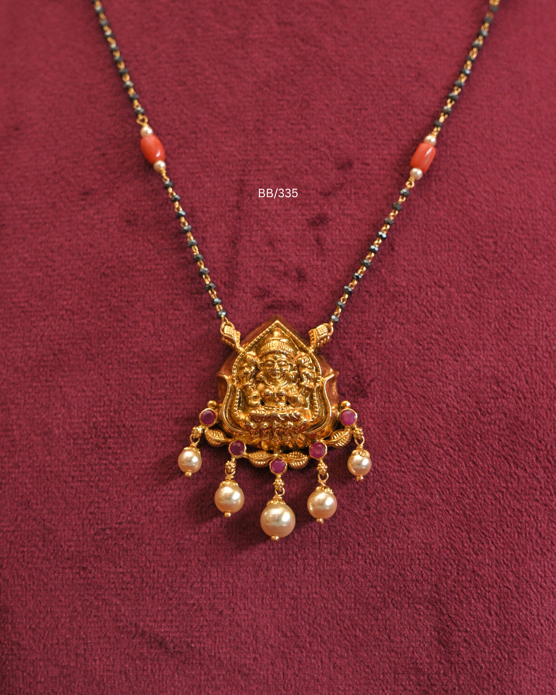 Goddess Lakshmi Temple Pendant Mangalsutra with Coral & Pearl Drops | SKU: BB/335