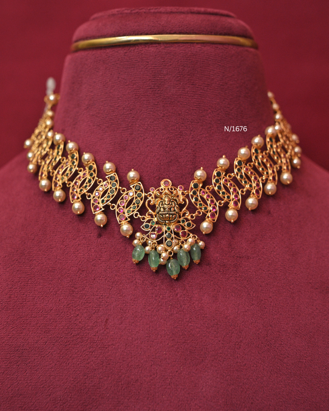 Lakshmi Nakshi Necklace with Ruby, Emerald & Tumbled Bead Drops |SKU: N/1676