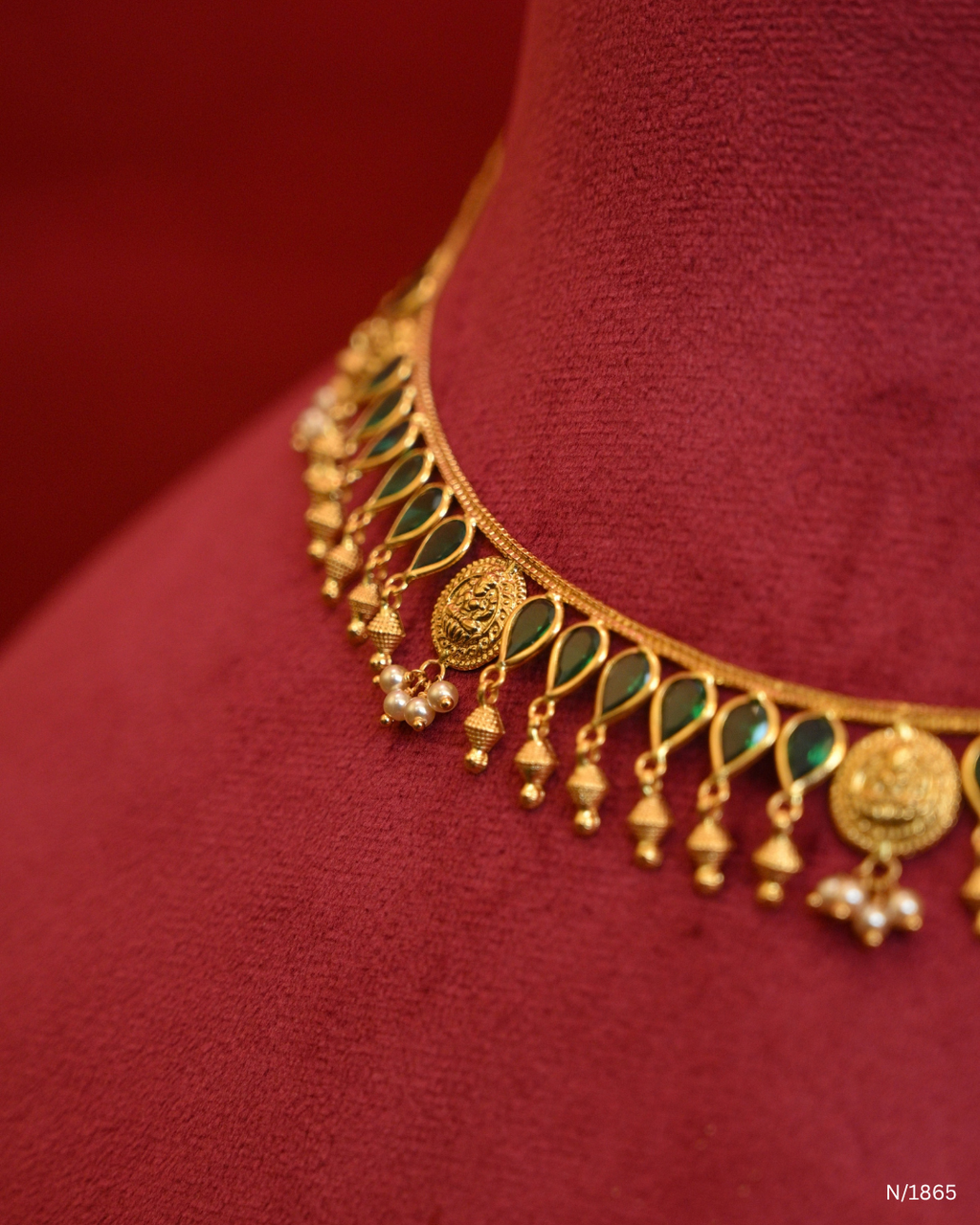 Goddess Lakshmi Coin & Teardrop Green Emerald Station Choker Necklace | SKU: N/1865