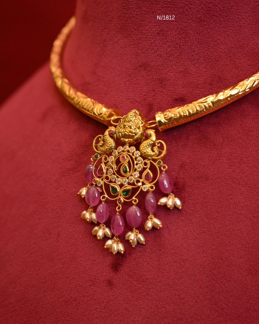 Goddess Lakshmi & Twin Peacock Nakshi Pendant Tubular Hasli Necklace with Rubies, Emeralds, CZ & Pink Ruby Bead Drops | SKU: N/1812
