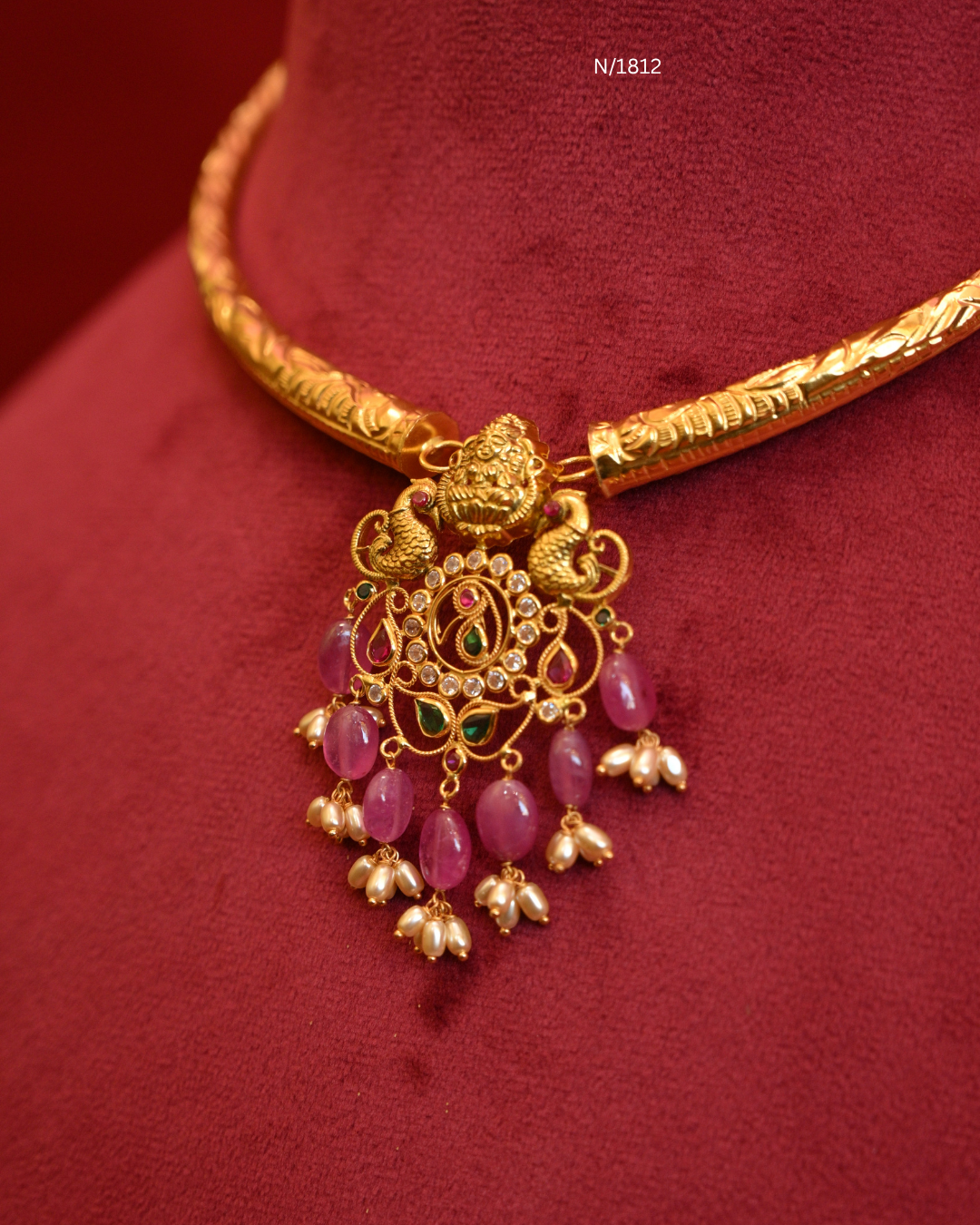 Goddess Lakshmi & Twin Peacock Nakshi Pendant Tubular Hasli Necklace with Rubies, Emeralds, CZ & Pink Ruby Bead Drops | SKU: N/1812