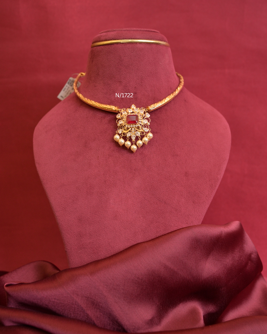 Cushion Ruby & CZ Polki Openwork Pendant Tubular Hasli |SKU: N/1722