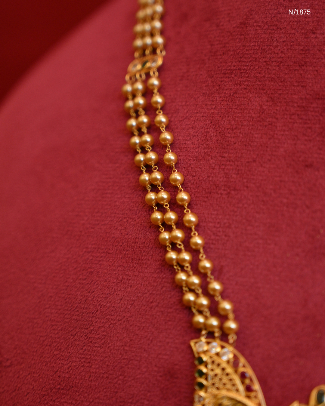 Traditional Triple-Layered Ball Chain Temple Necklace with Goddess Lakshmi & Peacock Pendant | SKU: N/1875