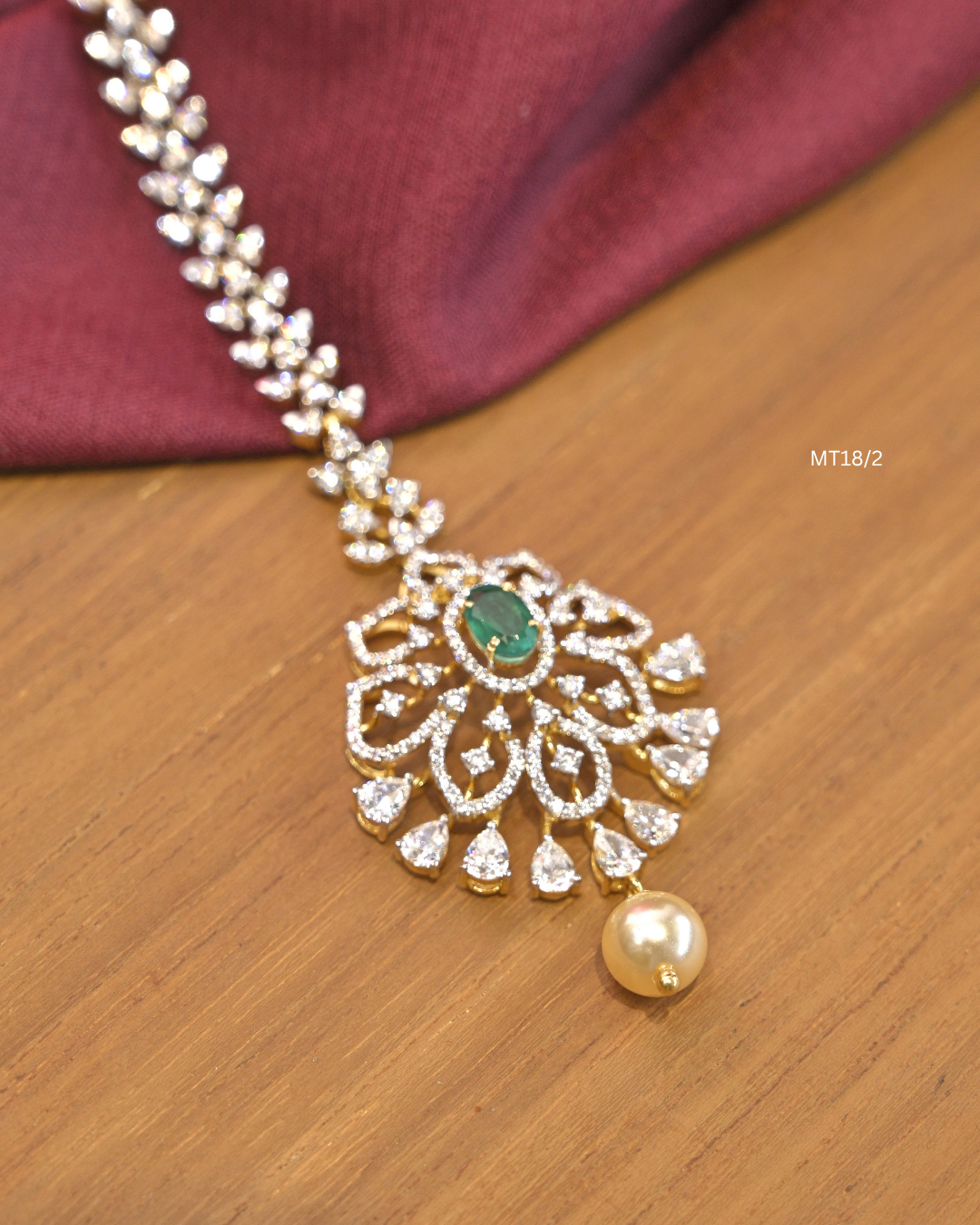 Oval Emerald & Floral CZ Sunburst Medallion Maang Tikka | SKU: MT18/2