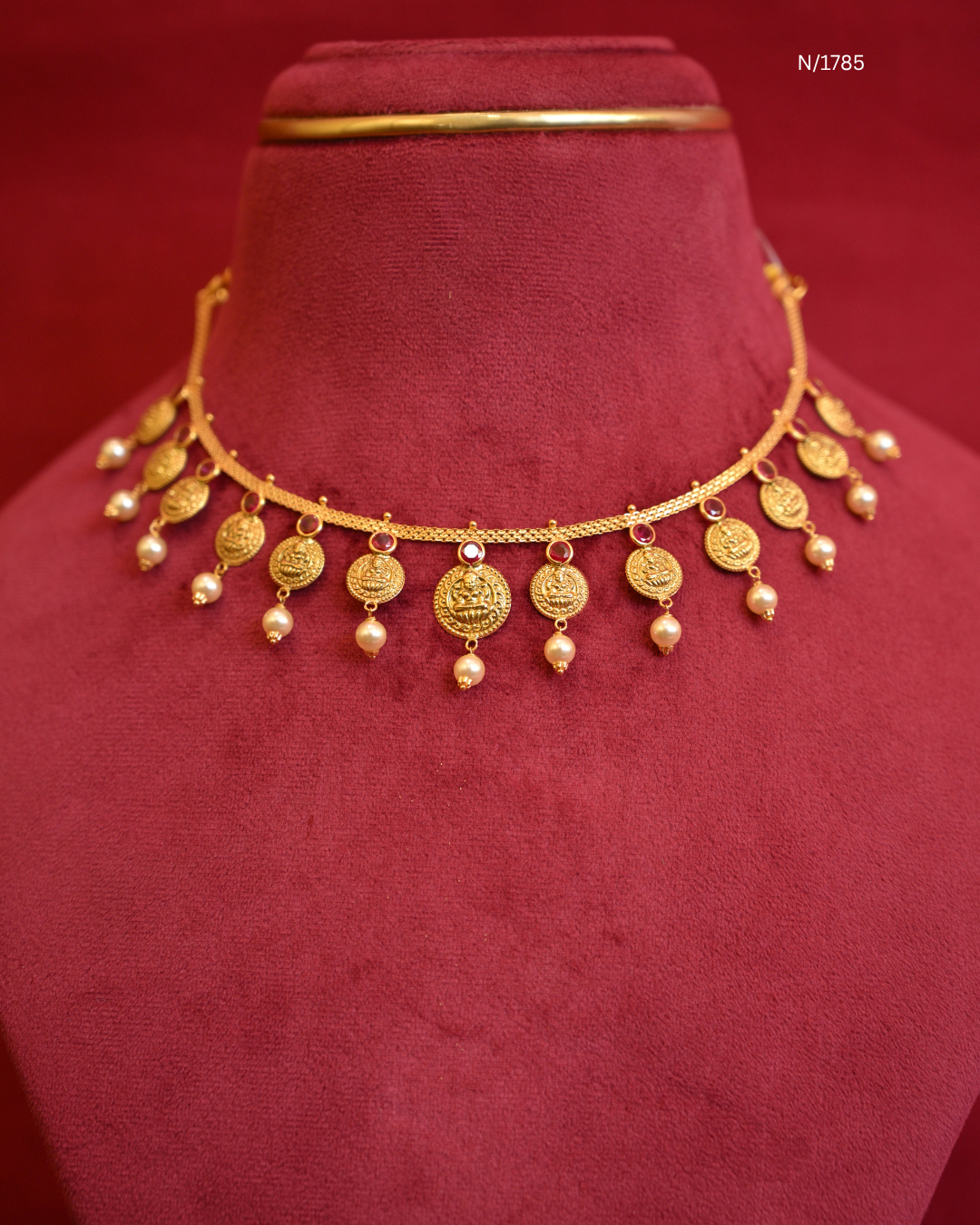 Goddess Lakshmi Kasu (Coin) Station Choker Necklace with Rubies & Pearl Drops | SKU: N/1785