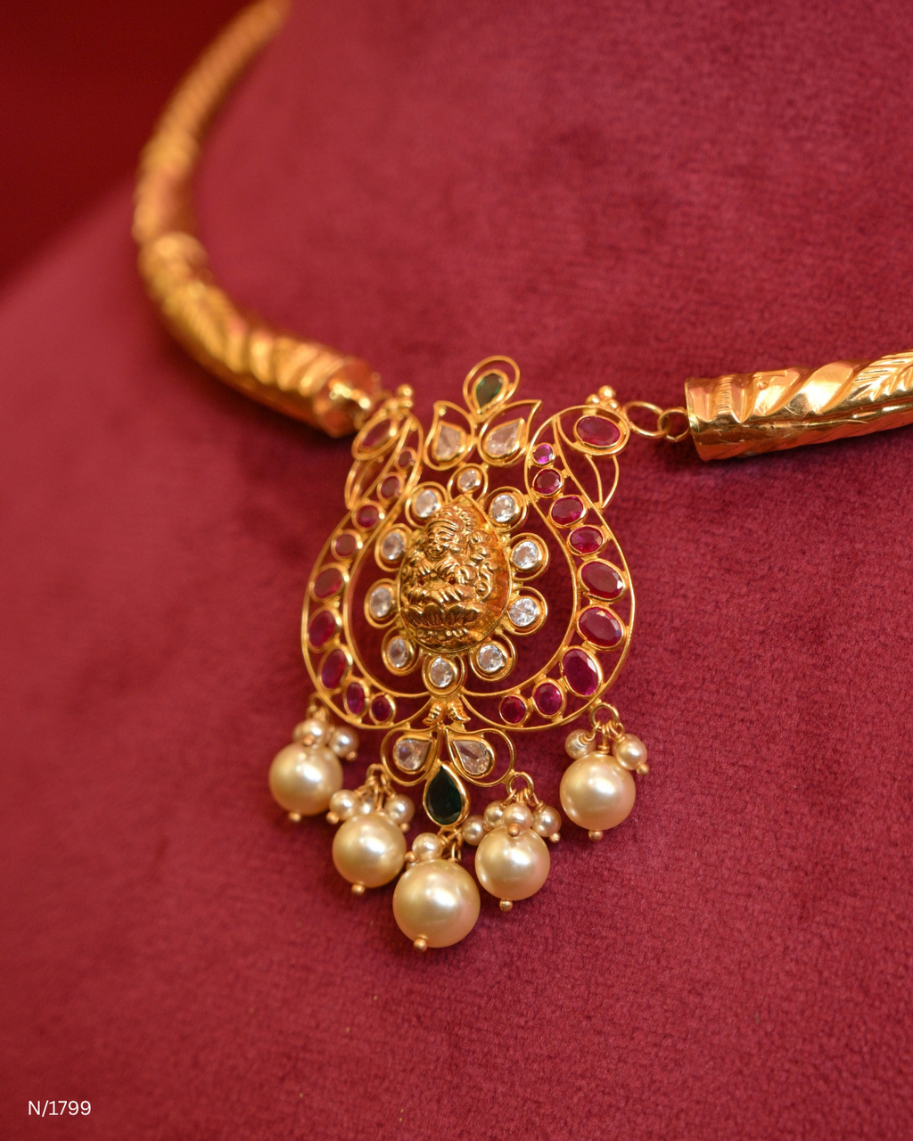 Lakshmi Temple Motif Openwork Pendant Kanti with Rubies & Pearl Drops |SKU: N/1799