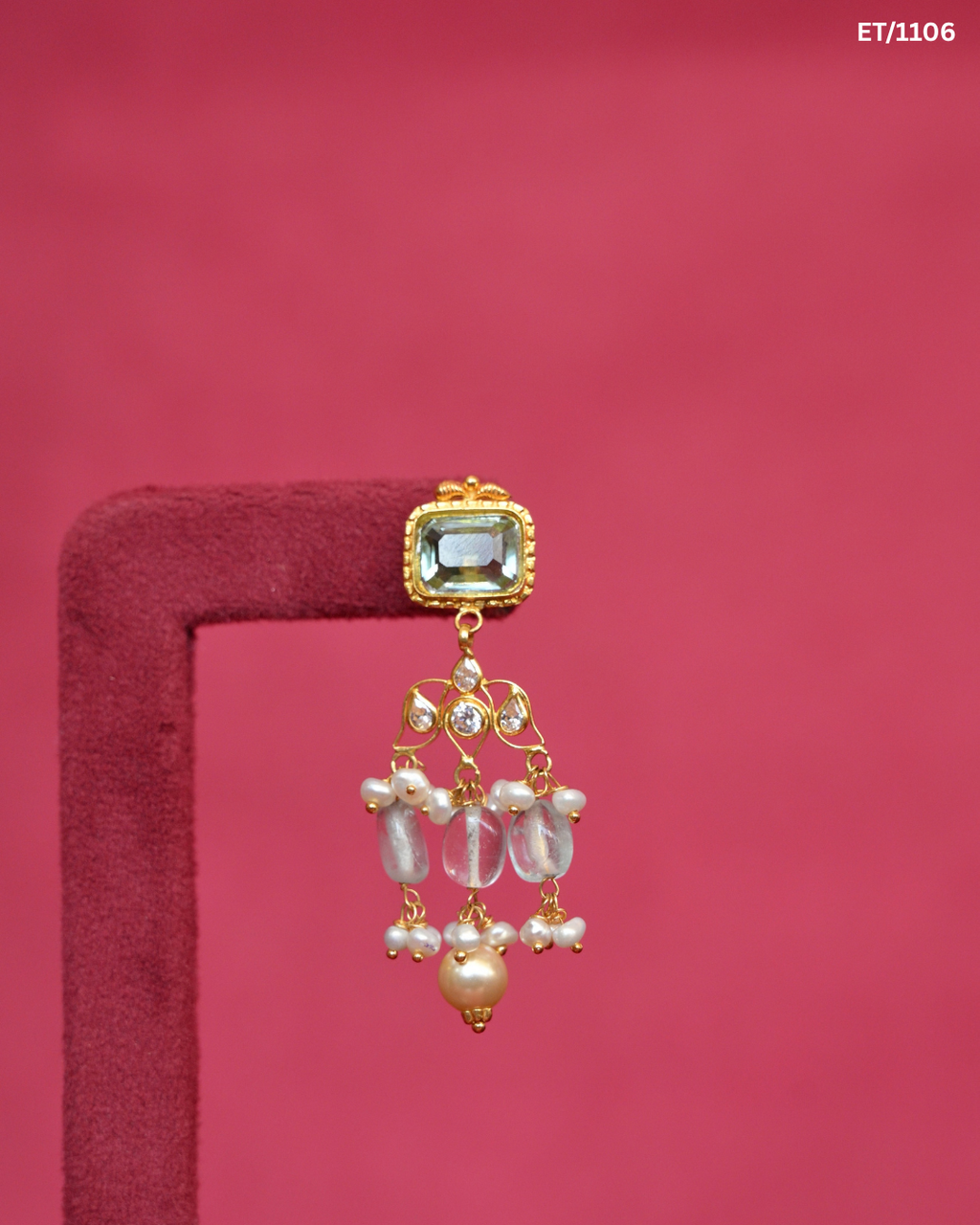 Polki & Mint Gemstone Chandelier Drop Earrings with Pearls | SKU: ET/1106