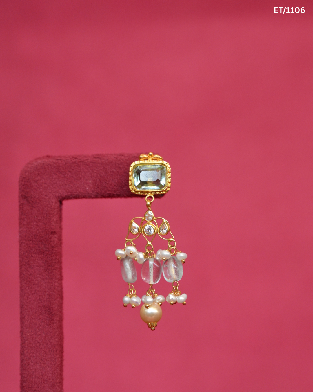 Polki & Mint Gemstone Chandelier Drop Earrings with Pearls | SKU: ET/1106