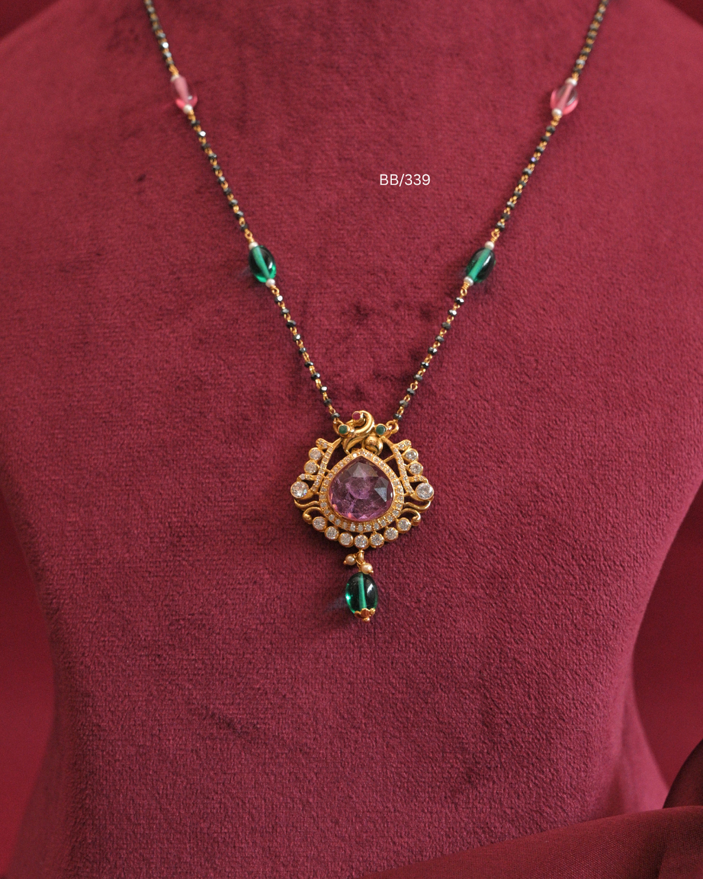 Peacock & Faceted Purple Gemstone Pendant Mangalsutra with Emerald & Pink Station Beads |SKU: BB/339